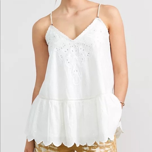 ANTHROPOLOGIE LETMEBE Embroidered Eyelet Lace Trim Cami Peplum Top White Size 2 - Picture 1 of 9